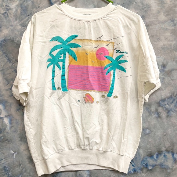 VTG Hawaii Sunset Top Size M White Banded Sleeves and Bottom Stanley Michaels - Picture 1 of 8